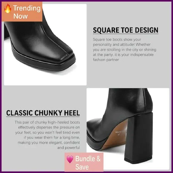 Knee High Boots Women's Vegan Leather Chunky Heel Side Zip Square Toe